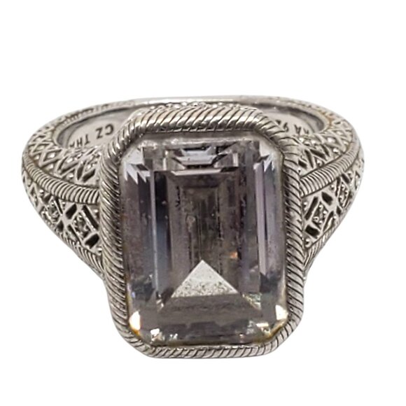 Judith Ripka Sterling Silver CZ Emerald Cut Statement Ring Size 10 #22402
